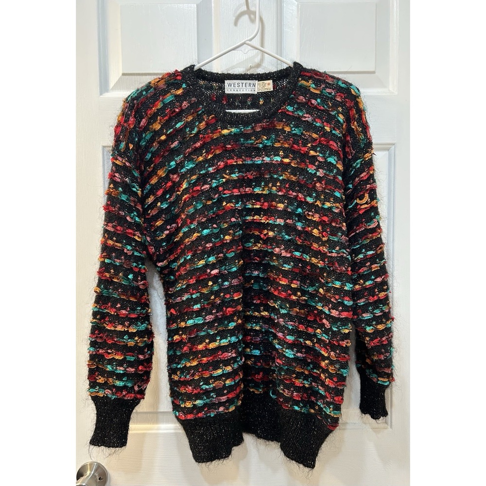 Vtg Western Connection Textured 3D Knit Eyelash Ribbon Sweater M Colorful 90's